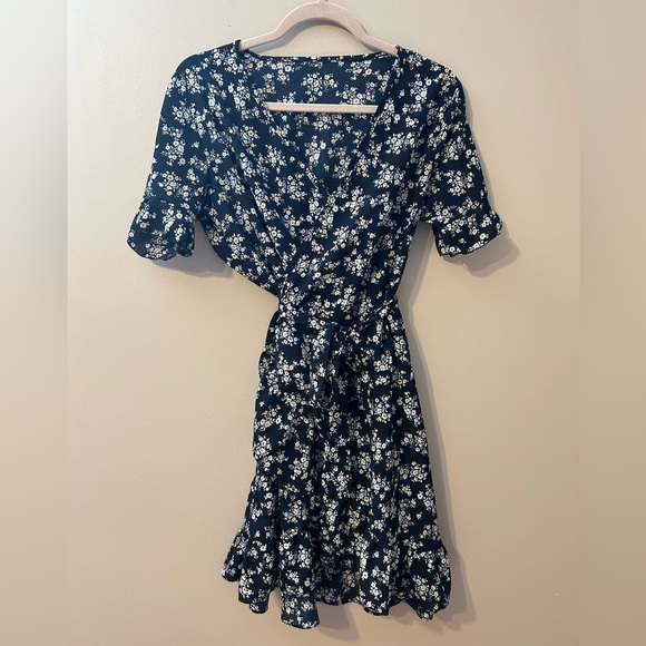 Floral V-neck Wrap Sun Dress - Navy - Picture 2 of 4
